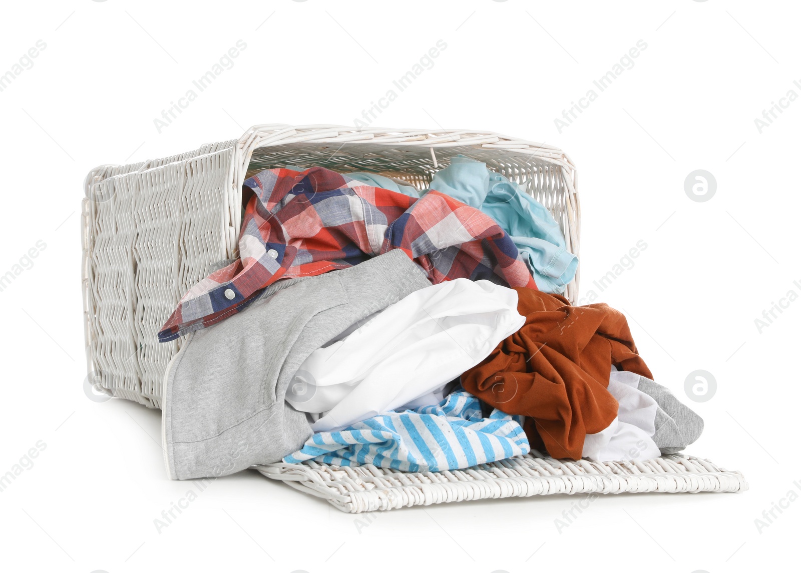 Photo of Basket full of dirty laundry isolated on white