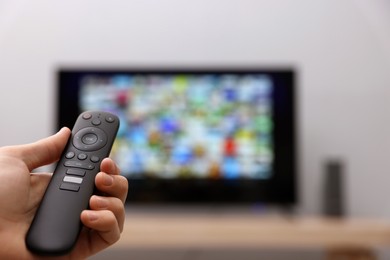 Woman switching channels on TV set with remote control at home, closeup. Space for text