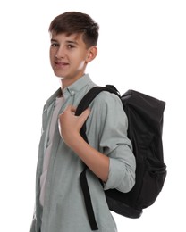 Photo of Teenage student with backpack on white background