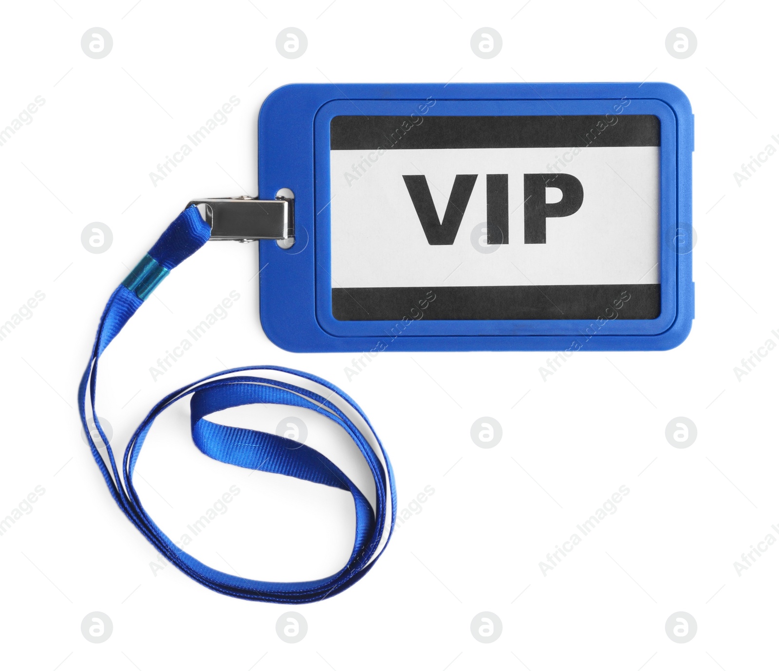 Photo of Blue vip badge isolated on white, top view