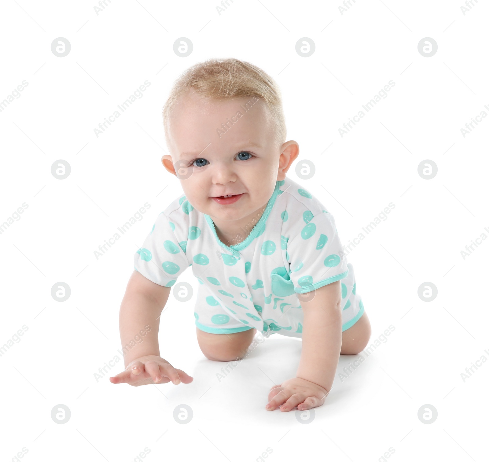 Photo of Cute little baby crawling on white background