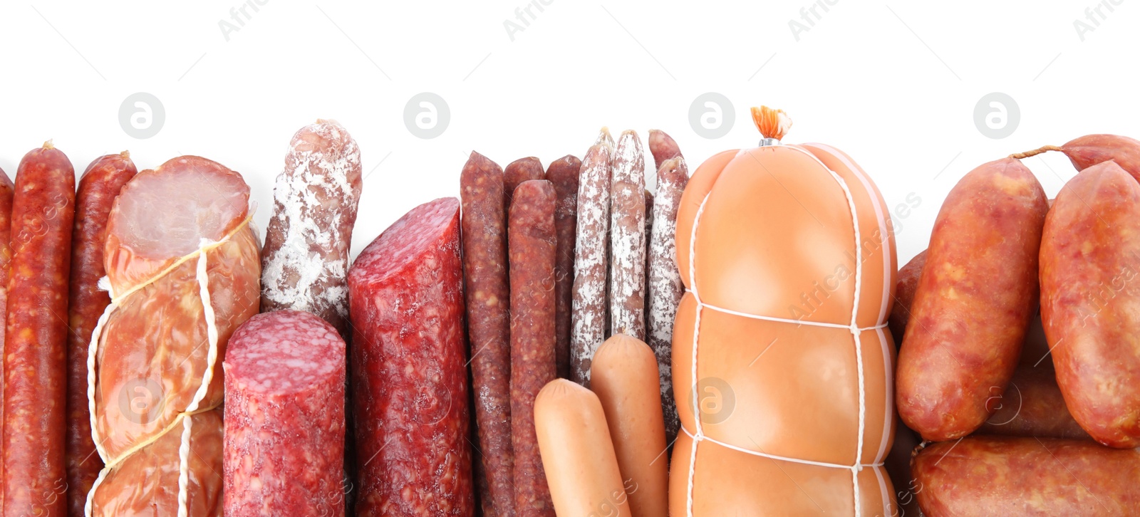 Photo of Different tasty sausages on white background, top view. Meat product