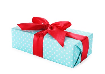 Photo of Gift box with ribbon on white background