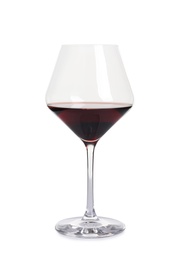 Glass of delicious expensive red wine on white background