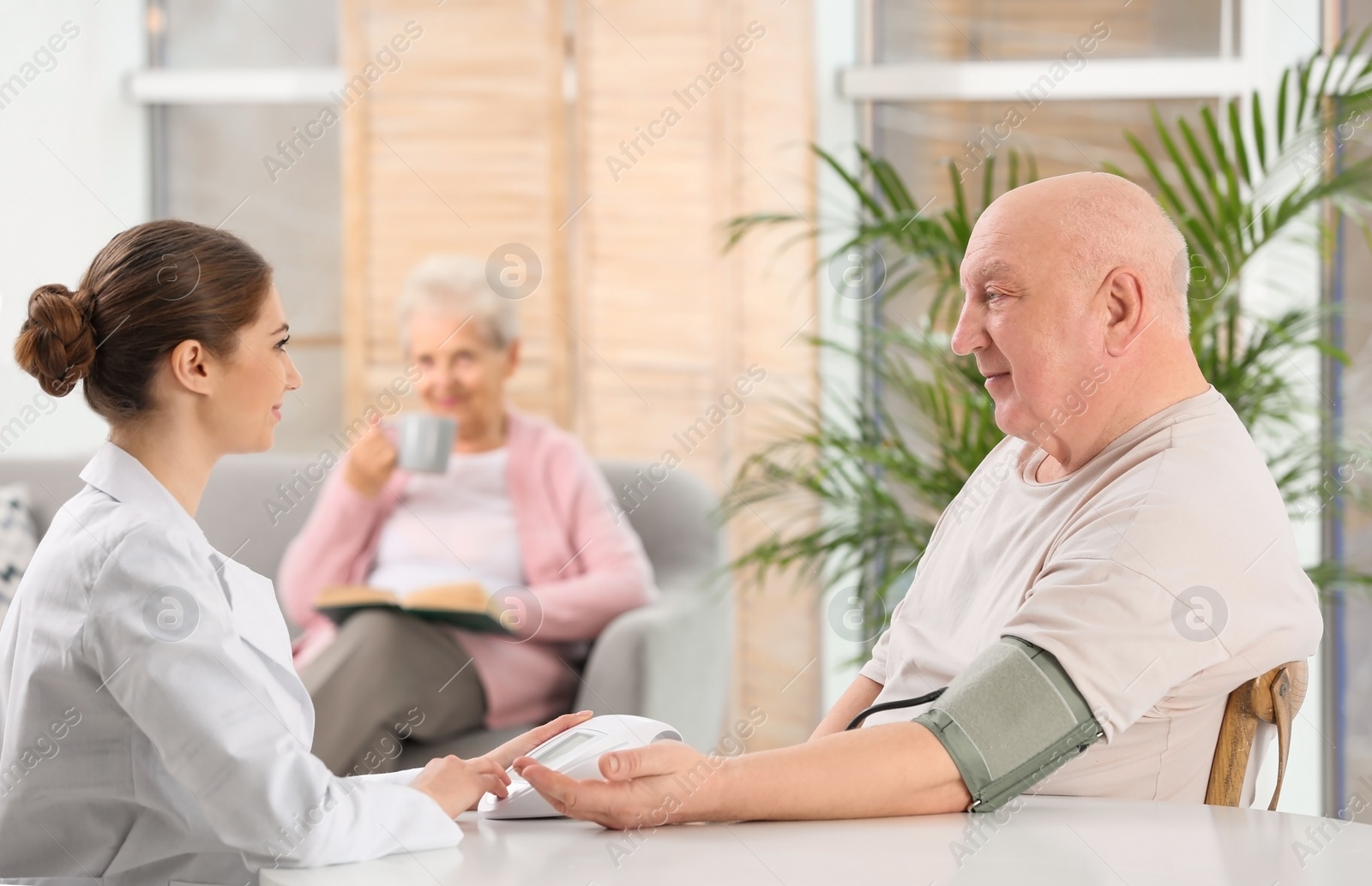 Photo of Nurse measuring blood pressure of elderly man indoors. Assisting senior generation