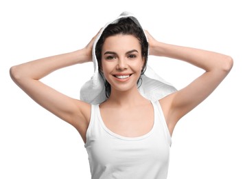 Photo of Happy young woman drying hair with towel after washing on white background