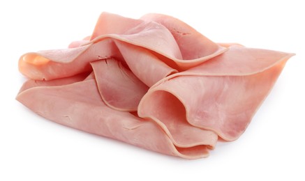 Photo of Heap of delicious ham slices isolated on white