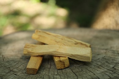 Photo of Palo santo sticks on wooden stump outdoors, closeup