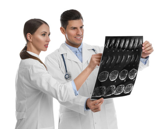 Photo of Orthopedists working with X-ray picture on white background