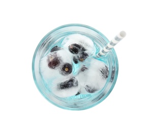 Tasty cocktail with blueberry ice cubes on white background, top view