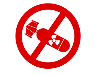 Illustration of Prevent nuclear war. Prohibition sign with atomic weapon on white background, illustration