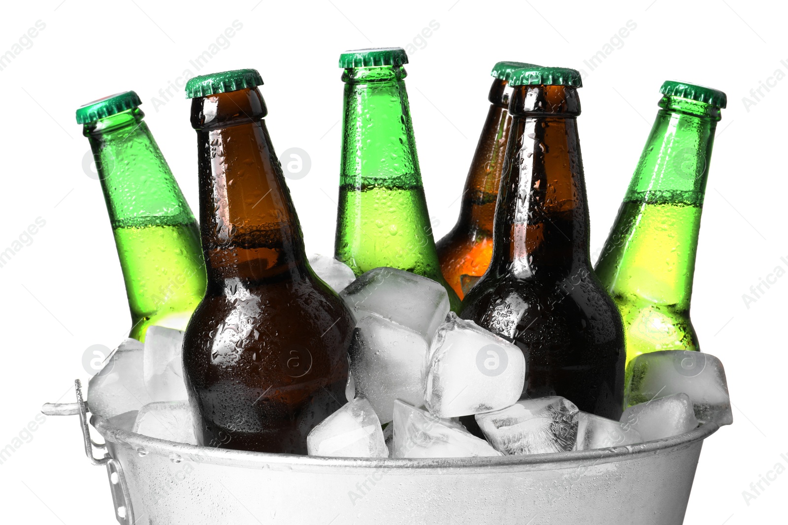 Photo of Metal bucket with different bottles of beer and ice cubes on white background