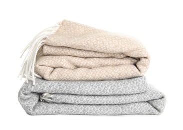 Photo of Different stylish soft plaids on white background