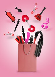 Image of DIfferent sex toys and accessories falling into paper shopping bag on pink background
