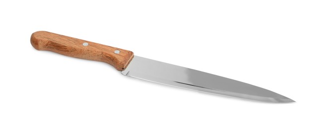 Photo of One sharp knife with wooden handle isolated on white