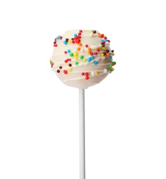 Photo of Delicious bright cake pop with sprinkles on white background