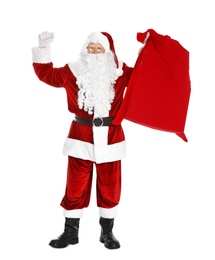 Photo of Authentic Santa Claus with bag full of gifts on white background