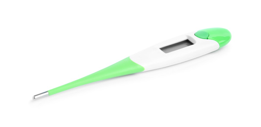 Photo of Modern digital thermometer on white background. Measuring temperature