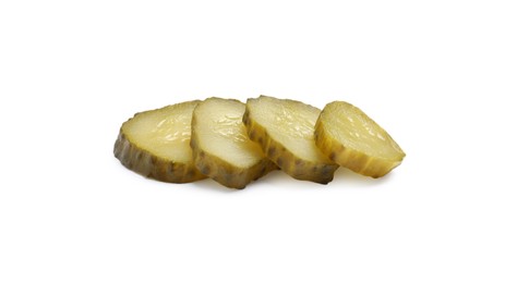 Photo of Slices of pickled cucumbers on white background