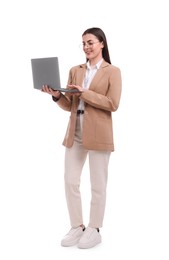 Photo of Beautiful businesswoman using laptop on white background