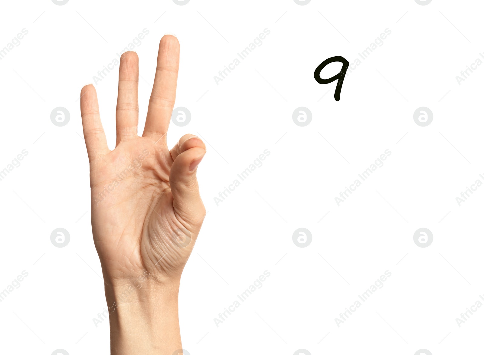 Image of Woman showing number nine on white background, closeup. Sign language