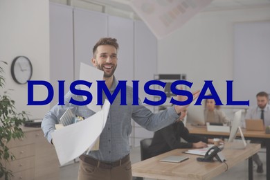 Image of Happy dismissed man throwing up paper sheets at office