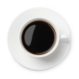 Photo of Cup of aromatic coffee isolated on white, top view