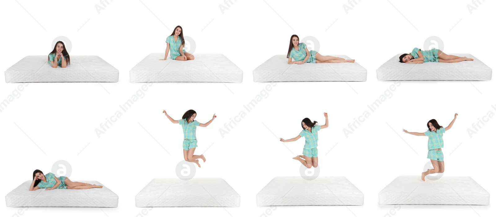 Image of Collage with photos of young woman and mattress on white background. Banner design