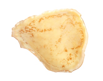 Photo of Hot tasty thin pancake on white background