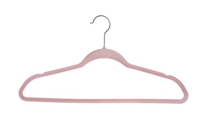 Photo of One empty pink hanger isolated on white