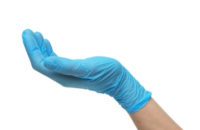 Photo of Doctor wearing light blue medical glove holding something on white background, closeup