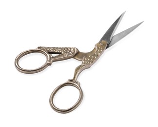 Photo of Beautiful scissors with bird shaped handles on white background