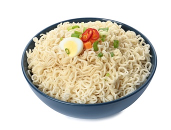 Photo of Tasty instant noodles with egg and vegetables in bowl isolated on white