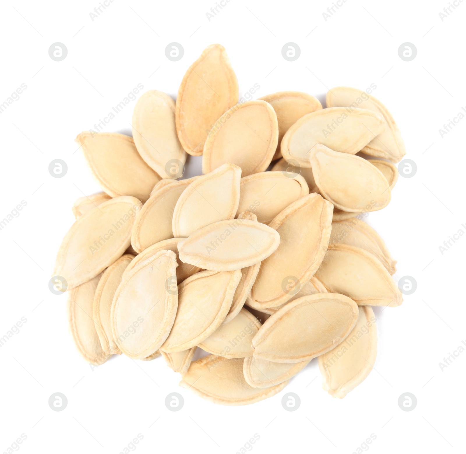 Photo of Pile of raw pumpkin seeds on white background, top view