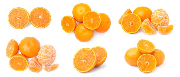 Image of Set with fresh ripe tangerines on white background. Banner design