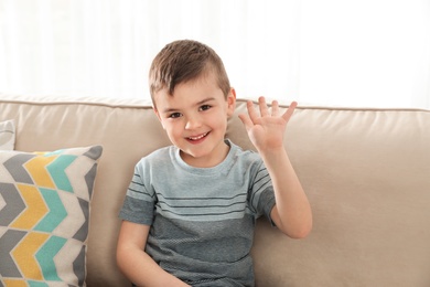 Photo of Little boy using video chat on sofa, view from web camera