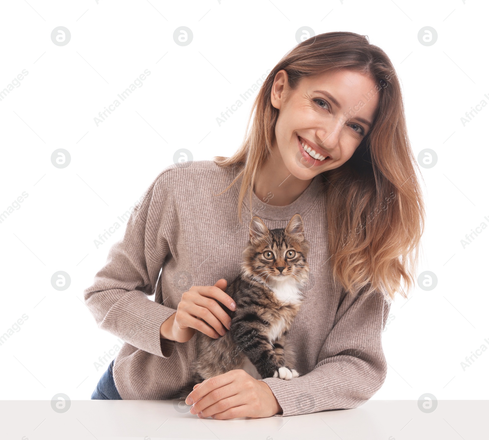 Photo of Young woman with cat on white background. Owner and pet