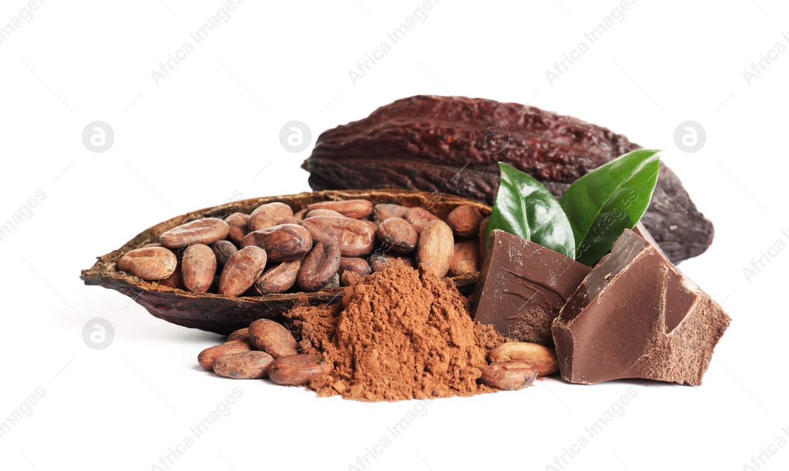 Photo of Composition with cocoa products on white background