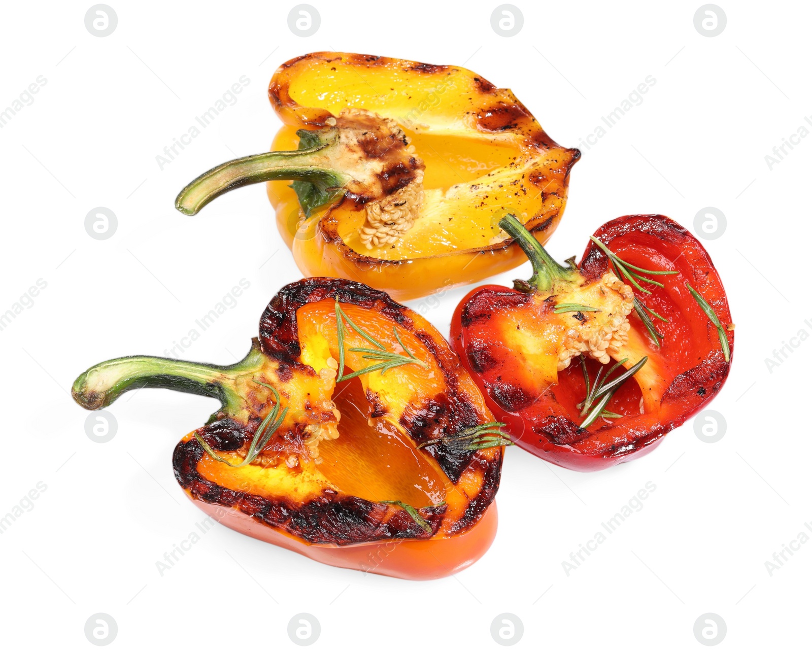 Photo of Tasty grilled bell peppers and rosemary isolated on white