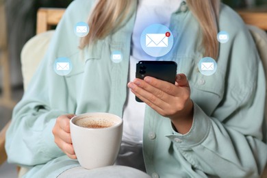 Image of Email. Woman using mobile phone at cafe, closeup. Letter illustrations near device