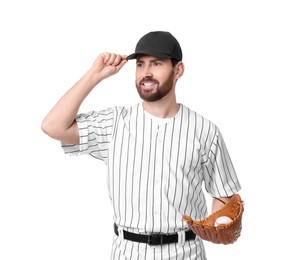 Photo of Baseball player with leather glove and ball on white background