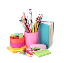 Photo of Set of colorful school stationery on white background