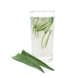 Photo of Tasty aloe juice in glass and cut fresh leaves isolated on white