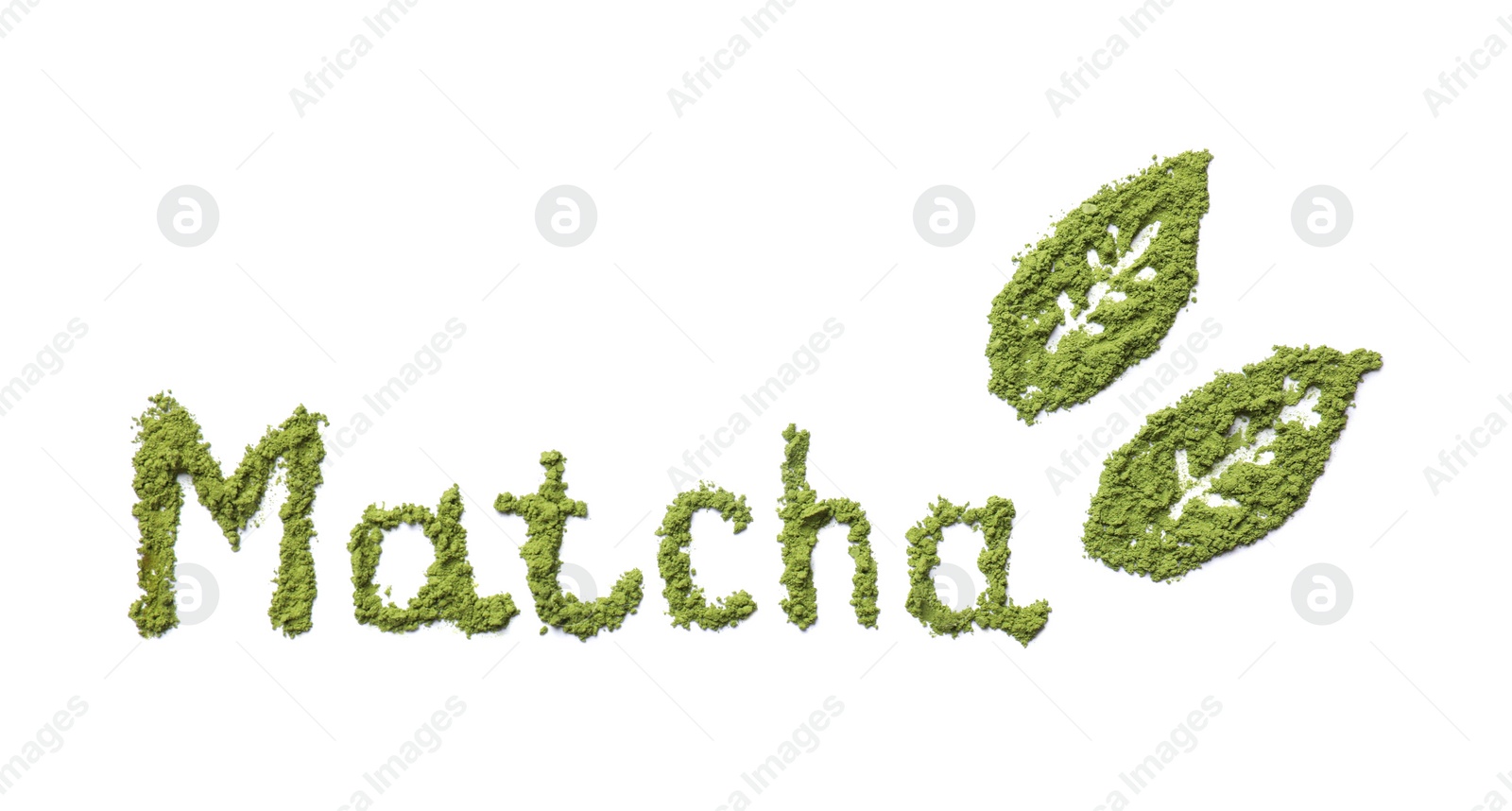 Photo of Word Matcha and leaves made of green powder isolated on white, top view