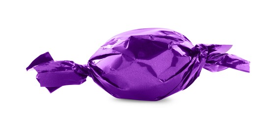 Photo of Candy in purple wrapper isolated on white
