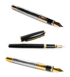Image of Set with different beautiful fountain pens on white background