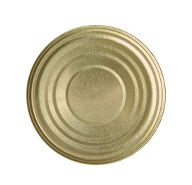 Photo of Closed tin can isolated on white, top view