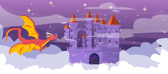 Illustration of Dragon flying around castle among clouds, illustration. Banner design