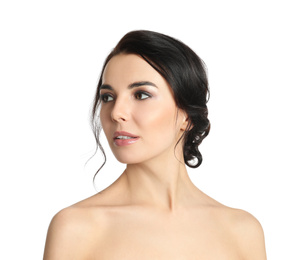 Photo of Portrait of young woman with beautiful hair on white background