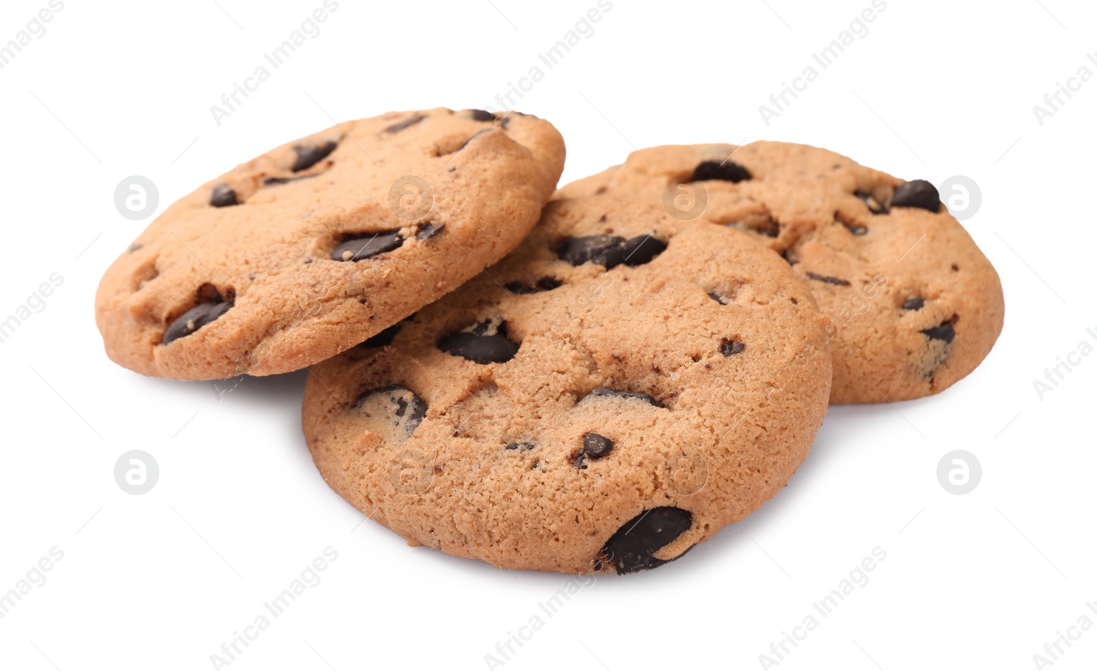 Delicious chocolate chip cookies isolated on white Photo of Delicious chocolate chip cookies isolated on white
